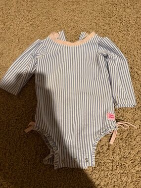 Ruffle Butts Blue & Pink Striped Long-Sleeve One-Piece